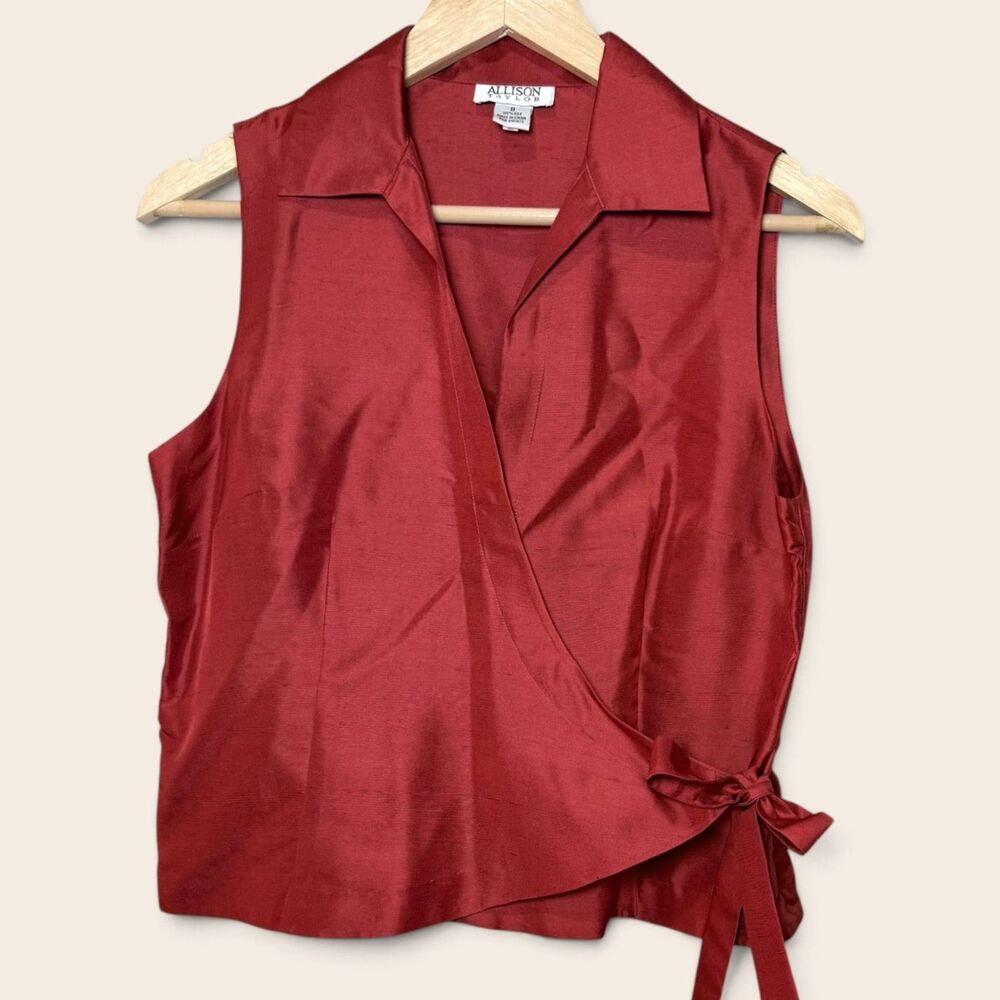 Allison Taylor 100% Silk Wrap Blouse Size 8 Burnt Orange Tie Waist Elegant